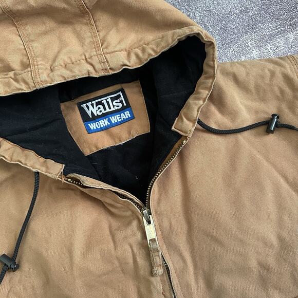 Men's Walls Work Wear Brown Duck Canvas Fleece Lined Hooded Zip Up Jacket Sz L - Picture 3 of 5